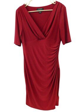 Ralph Lauren LRL Sz 10 Red Ruched Sheath Dress V-Neck Stretch Cocktail Elegant